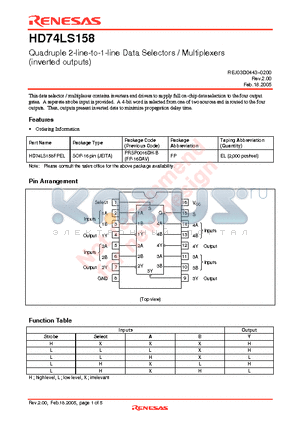 HD74LS158FPEL datasheet - Quadruple 2-line-to-1-line Data Selectors / Multiplexers (inverted outputs)