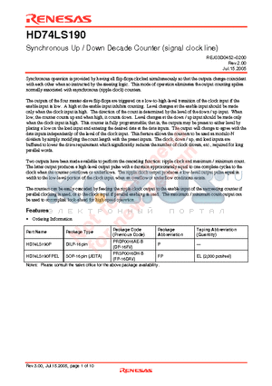 HD74LS190P datasheet - Synchronous Up / Down Decade Counter (signal clock line)