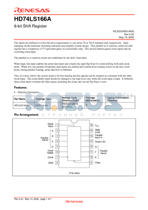 HD74LS166A datasheet - 8-bit Shift Register