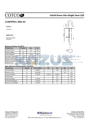 LC307PPG1-30Q-A3 datasheet - InGaN Green Ultra Bright 3mm LED