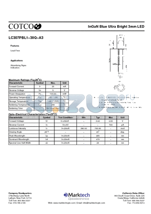 LC307PBL1-30Q-A3 datasheet - InGaN Blue Ultra Bright 3mm LED