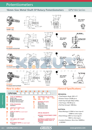 GPV16A datasheet - 16mm Size Metal Shaft SP Rotary Potentiometers