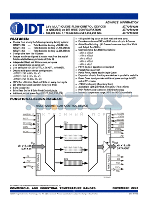 IDT72T51236L5BB datasheet - 2.5V MULTI-QUEUE FLOW-CONTROL DEVICES (4 QUEUES) 36 BIT WIDE CONFIGURATION 589,824 bits, 1,179,648 bits and 2,359,296 bits