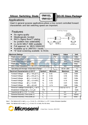 JANTXV1N4153 datasheet - Silicon Switching Diode DO-35 Glass Package