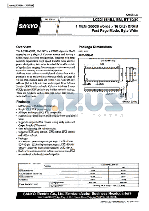 LC321664BJ datasheet - 1 MEG (65536 words X 16 bits) DRAM Fast Page Mode, Byte Write