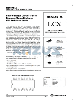 MC74LCX138DT datasheet - Low-Voltage CMOS 1-of-8 Decoder/Demultiplexer With 5V-Tolerant Inputs