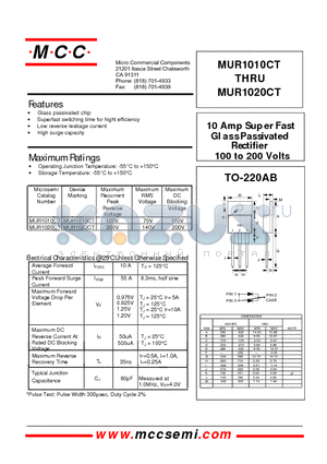 MUR1010CT datasheet - 10 Amp Super Fast Gl ass Passivated Rectifier 100 to 200 Volts