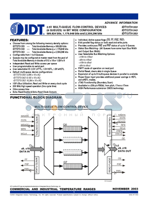 IDT72T51343L5BB datasheet - 2.5V MULTI-QUEUE FLOW-CONTROL DEVICES (4 QUEUES) 36 BIT WIDE CONFIGURATION 589,824 bits, 1,179,648 bits and 2,359,296 bits