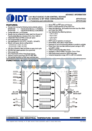 IDT72T51543 datasheet - 2.5V MULTI-QUEUE FLOW-CONTROL DEVICES (32 QUEUES) 18 BIT WIDE CONFIGURATION