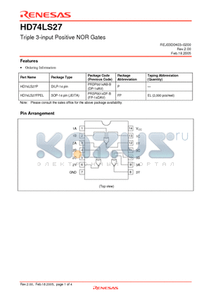 HD74LS27 datasheet - Triple 3-input Positive NOR Gates