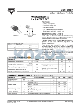 MUR1020CT datasheet - Ultrafast Rectifier, 2 x 5 A FRED PtTM