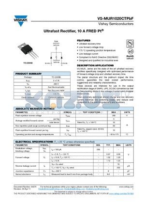MUR1020CTPBF_11 datasheet - Ultrafast Rectifier, 10 A FRED Pt