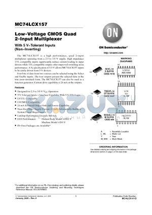 MC74LCX157DR2 datasheet - Low-Voltage CMOS Quad 2-Input Multiplexer With 5 V−Tolerant Inputs (Non−Inverting)