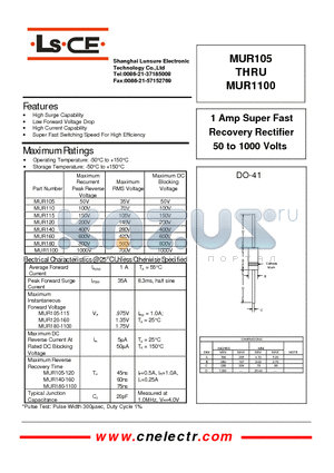 MUR105 datasheet - 1Amp super fast recovery rectifier 50to1000 volts