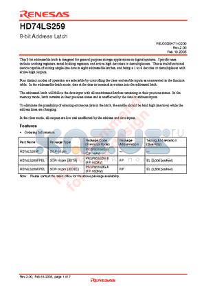 HD74LS259FPEL datasheet - 8-bit Address Latch