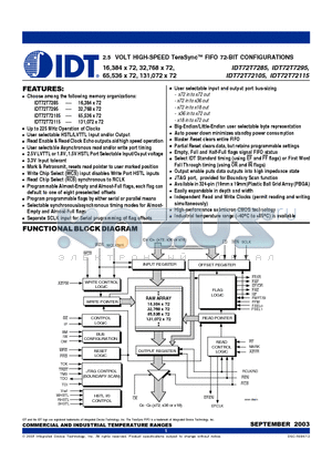 IDT72T72105 datasheet - 2.5 VOLT HIGH-SPEED TeraSyncTM FIFO 72-BIT CONFIGURATIONS