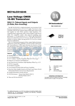 MC74LCX16245DTG datasheet - Low−Voltage CMOS 16−Bit Transceiver With 5 V−Tolerant Inputs and Outputs (3−State, Non−Inverting)