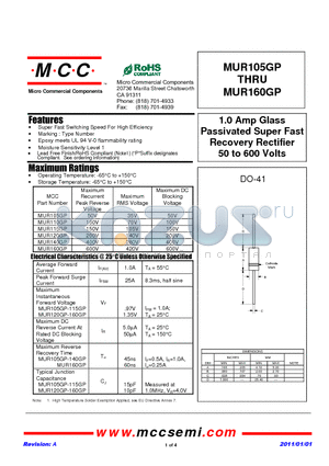 MUR110GP datasheet - 1.0 Amp Glass Passivated Super Fast Recovery Rectifier 50 to 600 Volts