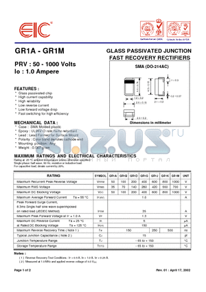 GR1G datasheet - GLASS PASSIVATED JUNCTION FAST RECOVERY RECTIFIERS