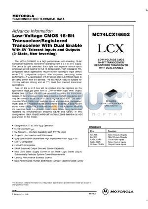MC74LCX16652DT datasheet - LOW-VOLTAGE CMOS 16-BIT TRANSCEIVER/ REGISTERED TRANSCEIVER WITH DUAL ENABLE