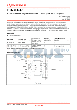HD74LS47P datasheet - BCD-to-Seven-Segment Decoder / Driver (with 15 V Outputs)