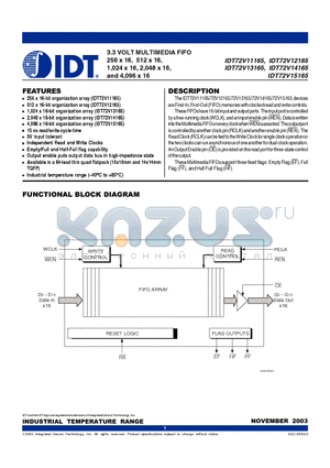 IDT72V12165L15TFI datasheet - 3.3 VOLT MULTIMEDIA FIFO 256 x 16, 512 x 16, 1,024 x 16, 2,048 x 16, and 4,096 x 16