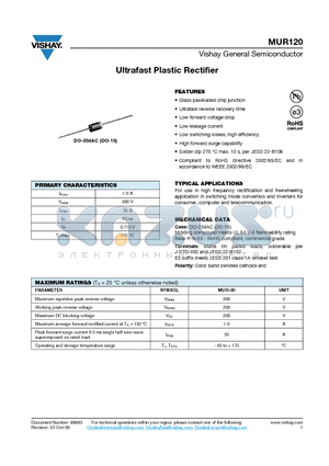 MUR120_09 datasheet - Ultrafast Plastic Rectifier