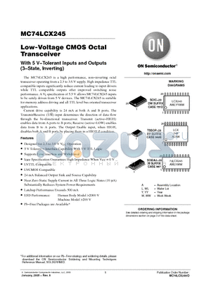 MC74LCX245M datasheet - Low-Voltage CMOS Octal Transceiver With 5 V−Tolerant Inputs and Outputs (3−State, Inverting)