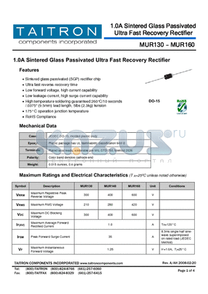 MUR130 datasheet - 1.0A Sintered Glass Passivated Ultra Fast Recovery Rectifier