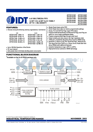 IDT72V19160 datasheet - 3.3V MULTIMEDIA FIFO 16 BIT V-III, 32 BIT Vx-III FAMILY UP TO 1 Mb DENSITY