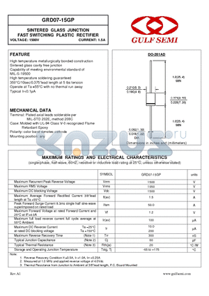 GRD07-15GP datasheet - SINTERED GLASS JUNCTION FAST SWITCHING PLASTIC RECTIFIER VOLTAGE: 1500V CURRENT: 1.5A
