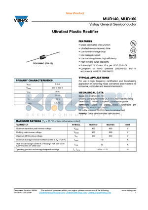 MUR140 datasheet - Ultrafast Plastic Rectifier