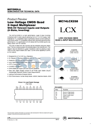 MC74LCX258DT datasheet - Low-Voltage CMOS Quad 2-Input Multiplexer
