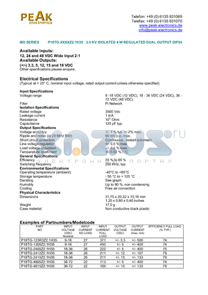 P18TG-1205Z21H35 datasheet - P18TG-XXXXZ2:1H35 3.5 KV ISOLATED 4 W REGULATED DUAL OUTPUT DIP24