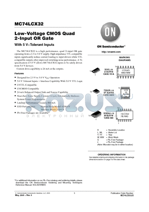 MC74LCX32 datasheet - Low-Voltage CMOS Quad 2-Input OR Gate With 5 V−Tolerant Inputs