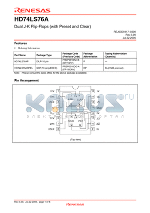 HD74LS76ARPEL datasheet - Dual J-K Flip-Flops (with Preset and Clear)