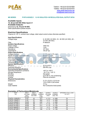 P18TG-2405Z21 datasheet - P18TG-XXXXZ2:1 1.5 KV ISOLATED 4 W REGULATED DUAL OUTPUT DIP24