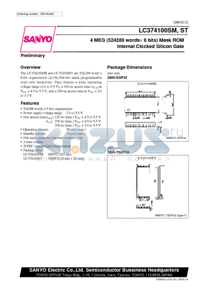 LC374100SM datasheet - 4 MEG (524288 words x 8 bits) Mask ROM Internal Clocked Silicon Gate