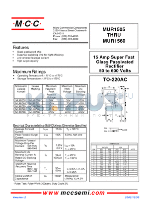 MUR1510 datasheet - 15 AMP SUPER FAST GLASS PASSIVATED RECTIFIER 50 TO 600 VOLTS