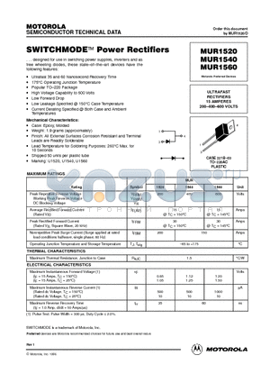 MUR1520 datasheet - ULTRAFAST RECTIFIERS 15 AMPERES 200-400-600 VOLTS