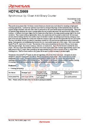 HD74LS669FPEL datasheet - Synchronous Up / Down 4-bit Binary Counter