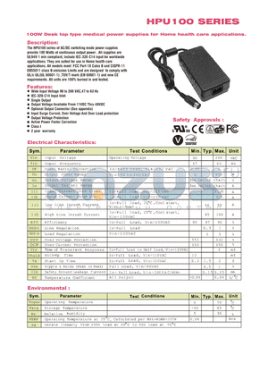 HPU100-108 datasheet - 100W Desk top type medical power supplies for health care applications