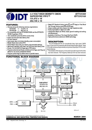 IDT72V2105L15PFI datasheet - 3.3 VOLT HIGH DENSITY CMOS SUPERSYNC FIFO 131,072 x 18 262,144 x 18