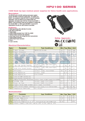 HPU100-111 datasheet - 100W Desk top type medical power supplies for health care applications