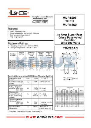 MUR1540 datasheet - 15Amp super fast glass passivated rectifier 50to600 volts