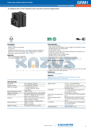 GRM1.1181.023 datasheet - IEC Appliance Inlet C14 with Fuseholder 2-pole, Line Switch 2-pole and Voltage Selector