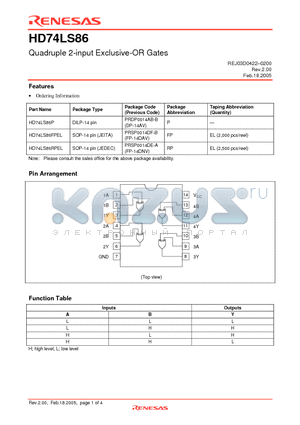 HD74LS86 datasheet - Quadruple 2-input Exclusive-OR Gates