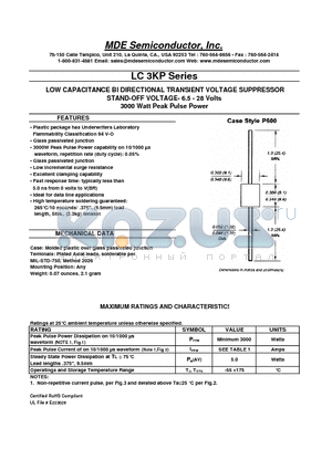 LC3KP6.5CA datasheet - LOW CAPACITANCE BI DIRECTIONAL TRANSIENT VOLTAGE SUPPRESSOR STAND-OFF VOLTAGE- 6.5 - 28 Volts 3000 Watt Peak Pulse Power
