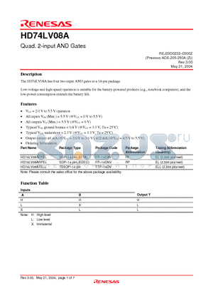 HD74LV08ATELL datasheet - Quad. 2-input AND Gates