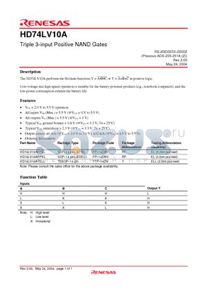 HD74LV10A datasheet - Triple 3-input Positive NAND Gates